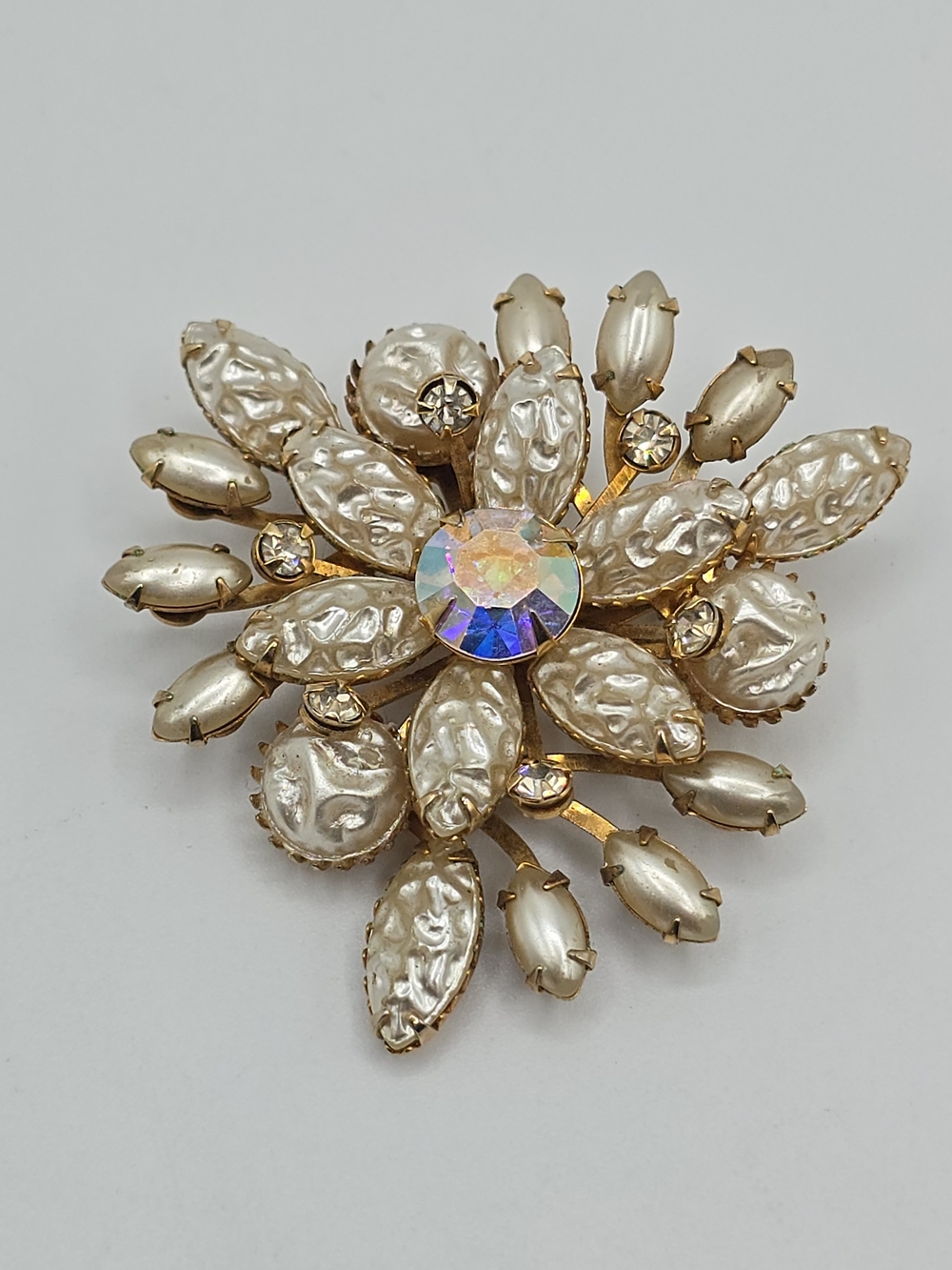 VTG Gold Tone Faux Baroque Pearl AB Rhinestone Starburst Brooch 2" Statement